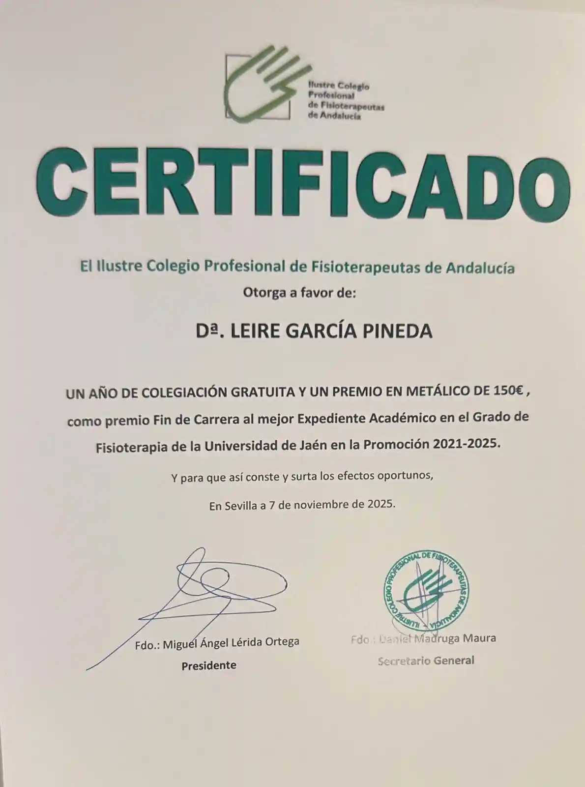 Certificado de reconocimiento académico de Leire